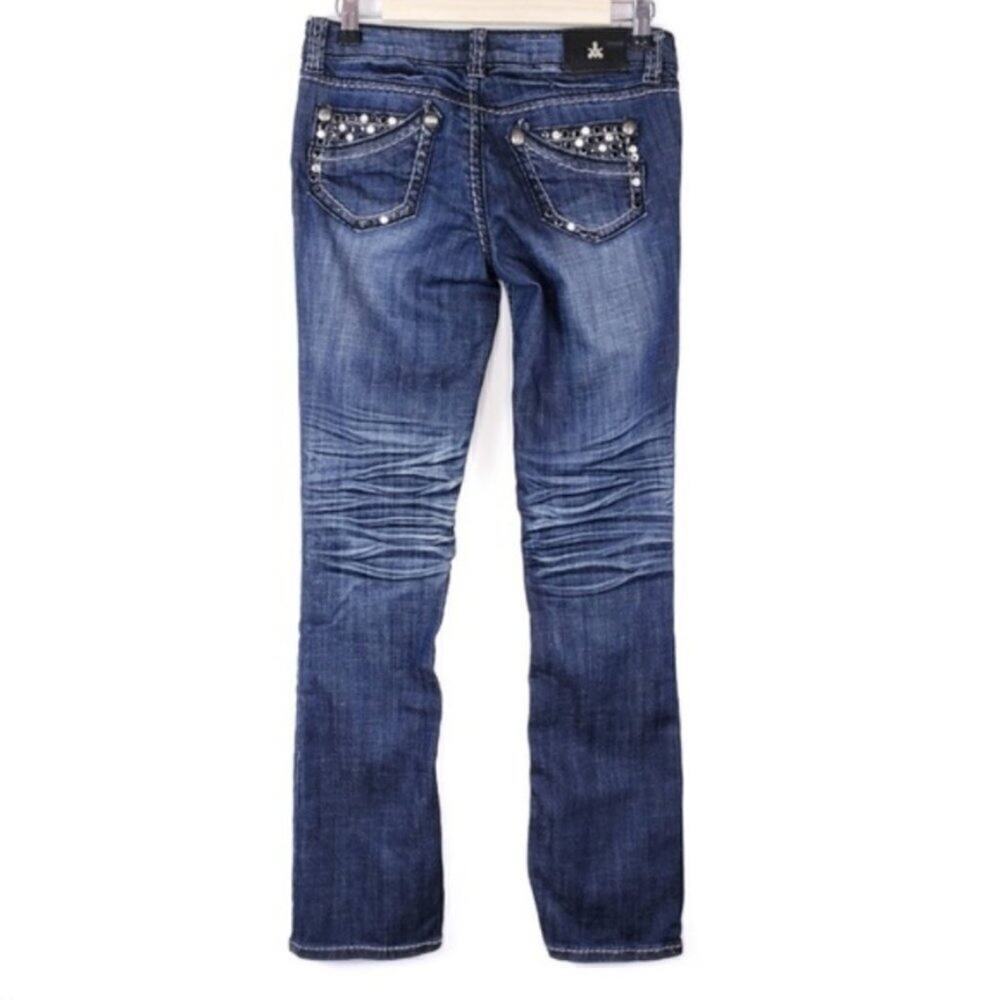 Buckle Antique Rivet Factory Distressed Rhinestone Pocket Boot Cut Denim Jeans
